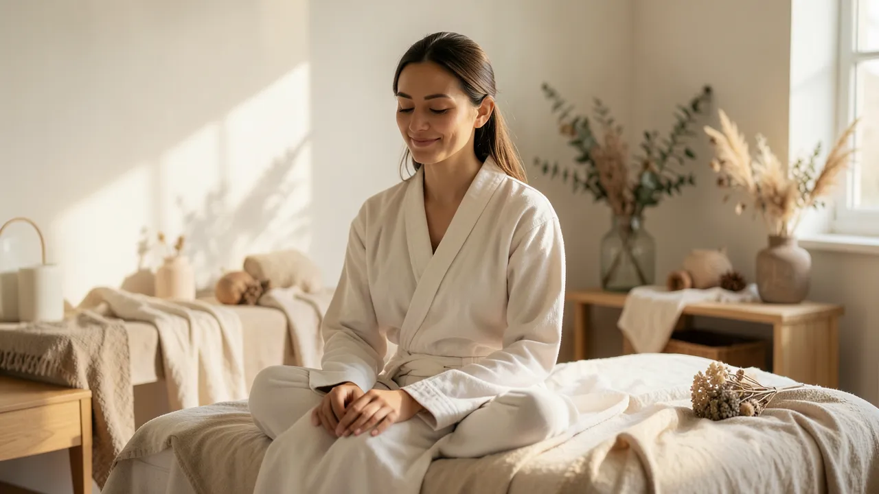 Ruhige Person in einem minimalistischen Therapieraum bei warmem natürlichem Licht, mit weichen Textilien und botanischen Elementen im Hintergrund; scharfer Fokus und geringe Tiefenschärfe erzeugen eine cineastische Stimmung.